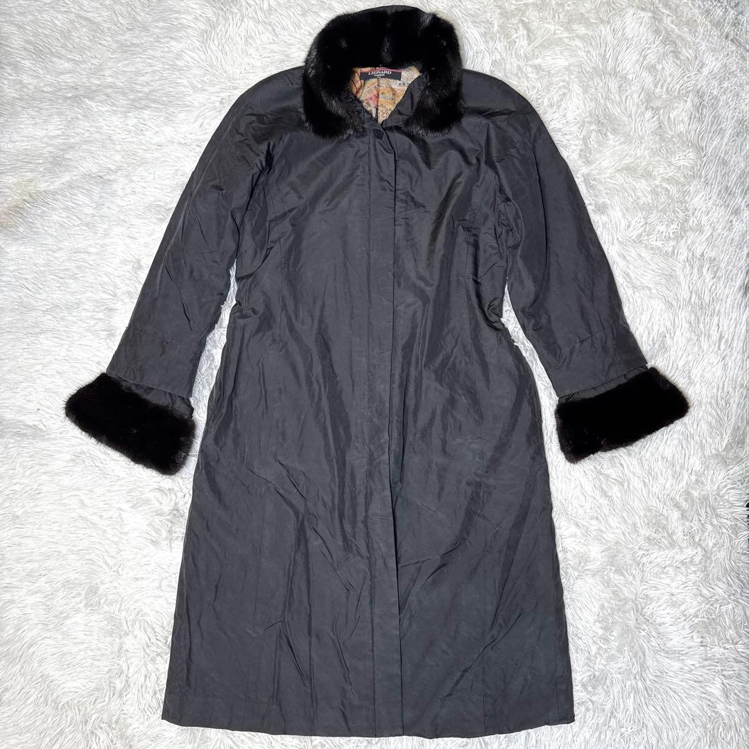 レオナール シルク100% ロングコート ミンクファー ペイズリー柄 黒 M