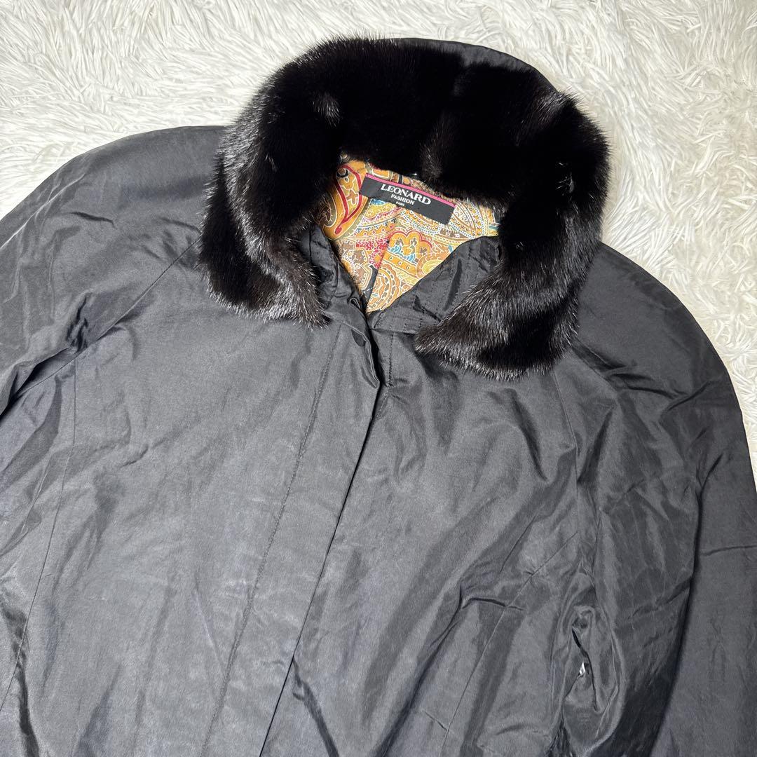 レオナール シルク100% ロングコート ミンクファー ペイズリー柄 黒 M