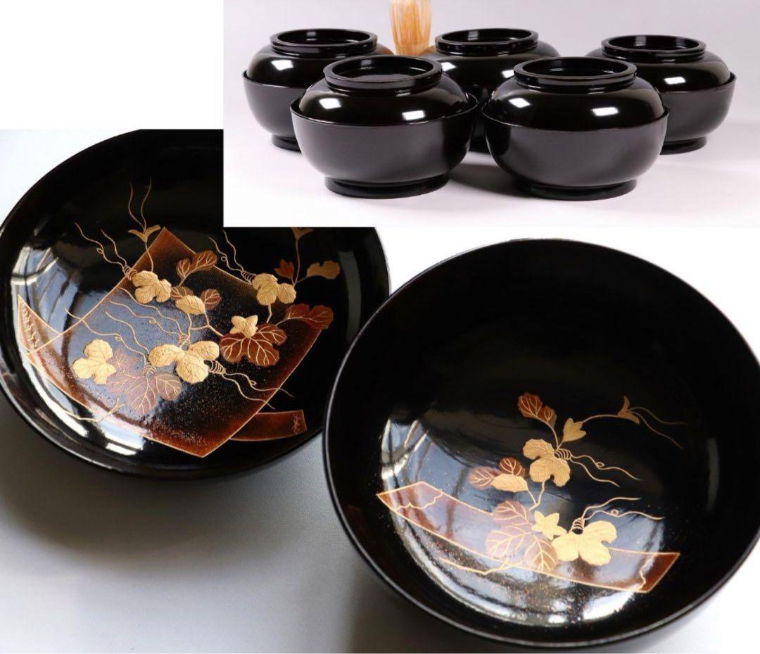 輪島塗 蔦金蒔絵 梨地 黒塗椀 五客 木製漆器 / 伝統工芸品 漆芸