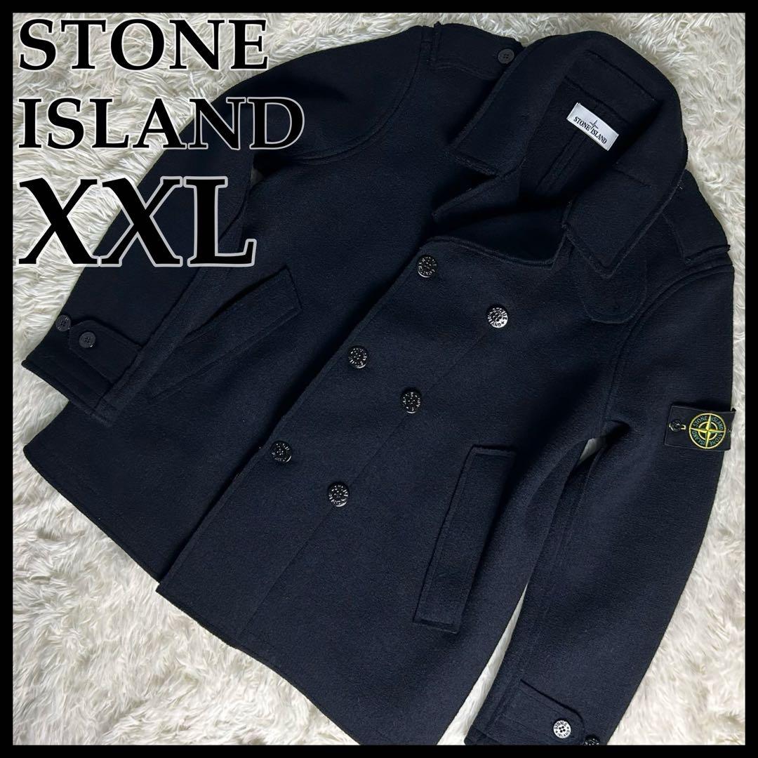 【高級・極美品】ストーンアイランド Pコート 刺繍ロゴ ウール100% ネイビー