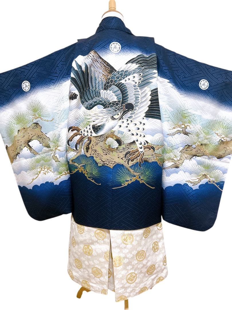 【最高級品】豪華正絹&畳表雪駄　七五三　5歳　男の子　フルセット　一式　紺地　鷹