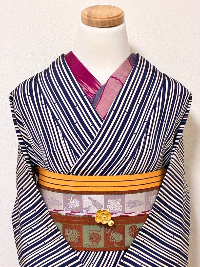 セット　小紋竹縞模様＋半幅帯帯　玩具　半衿おまけ付き