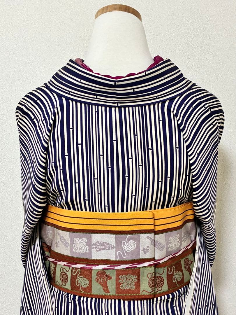 セット　小紋竹縞模様＋半幅帯帯　玩具　半衿おまけ付き