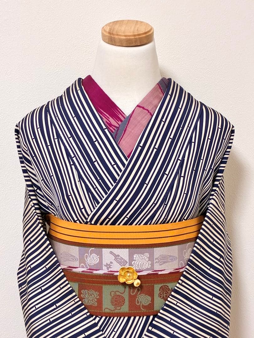 セット　小紋竹縞模様＋半幅帯帯　玩具　半衿おまけ付き