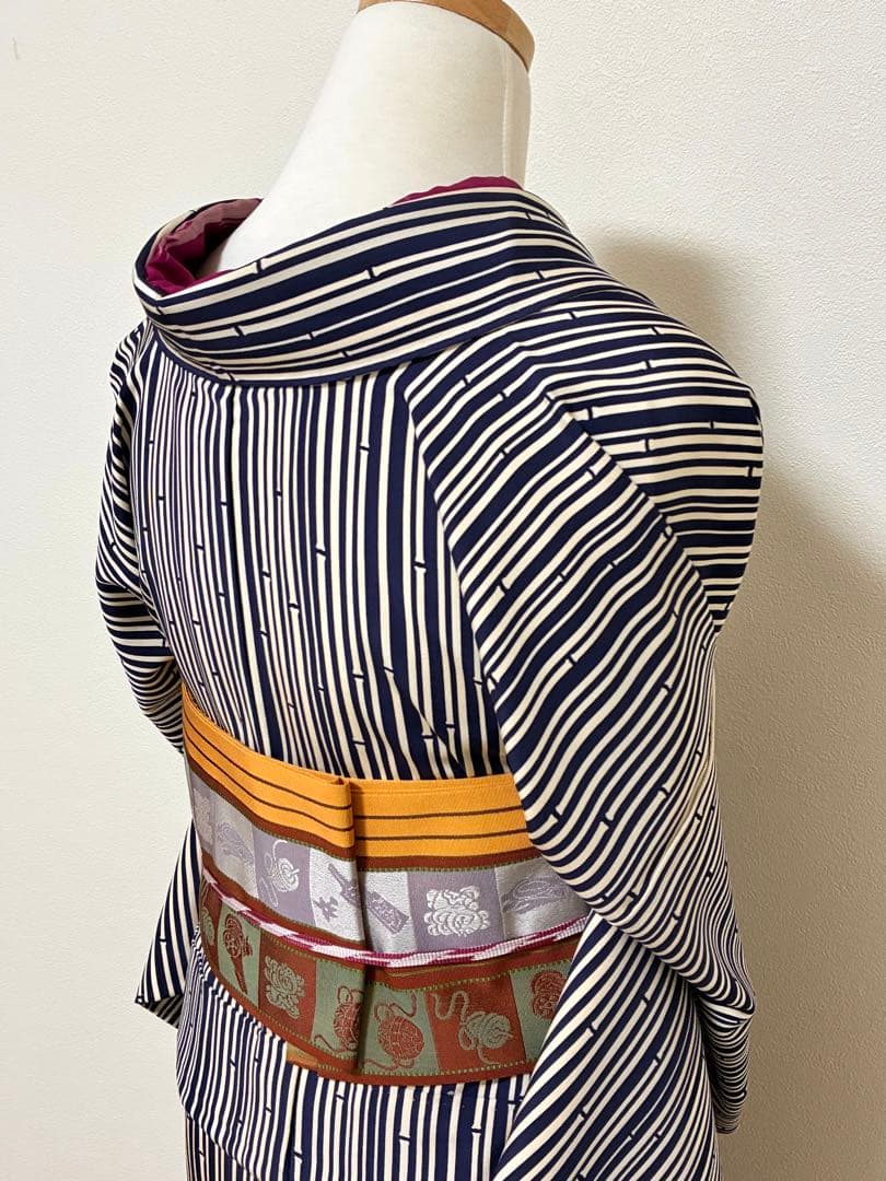 セット　小紋竹縞模様＋半幅帯帯　玩具　半衿おまけ付き