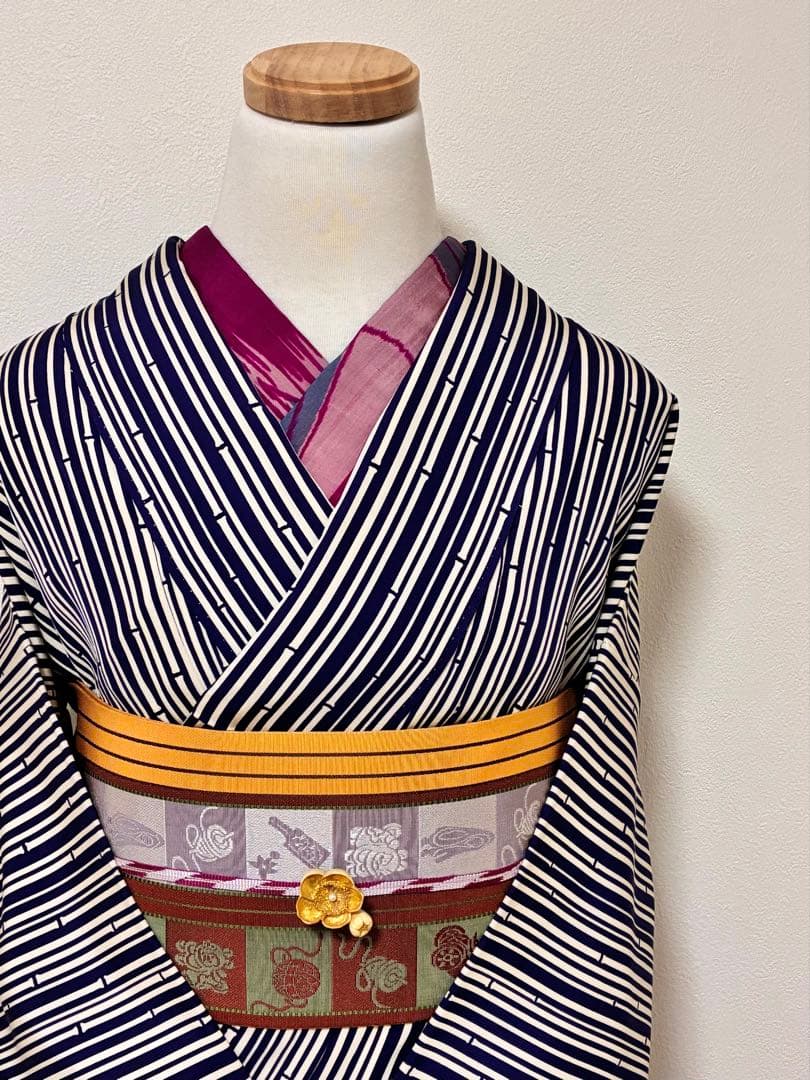 セット　小紋竹縞模様＋半幅帯帯　玩具　半衿おまけ付き