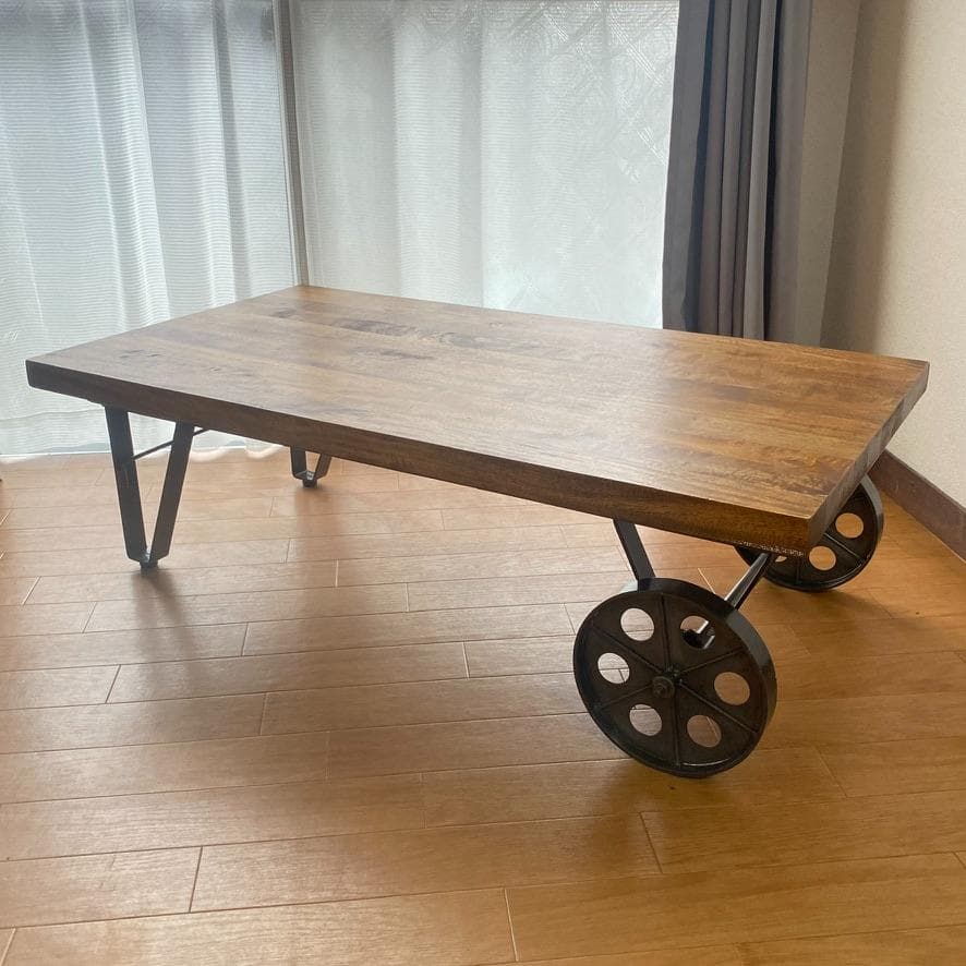 トロリーテーブル センターテーブル ローテーブル レトロ系 木製 鉄車輪付き