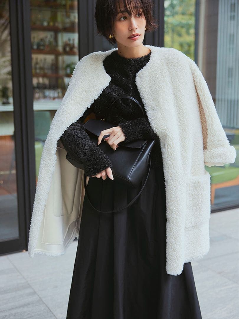 MilaOwen ミラ オーウェン　ノーカラーシャツカーブボアコート　美品