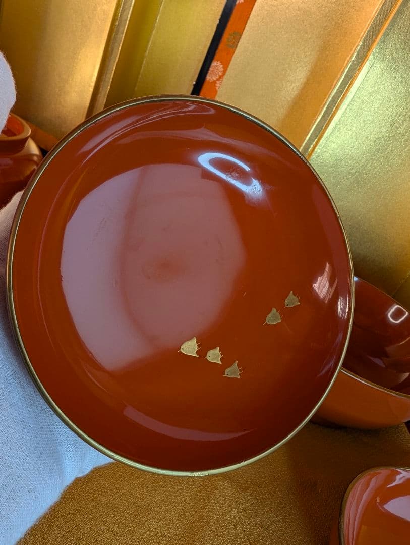 明治時代 輪島塗 金蒔絵 蓋付椀 波千鳥 3客 木製 汁椀 雑煮椀