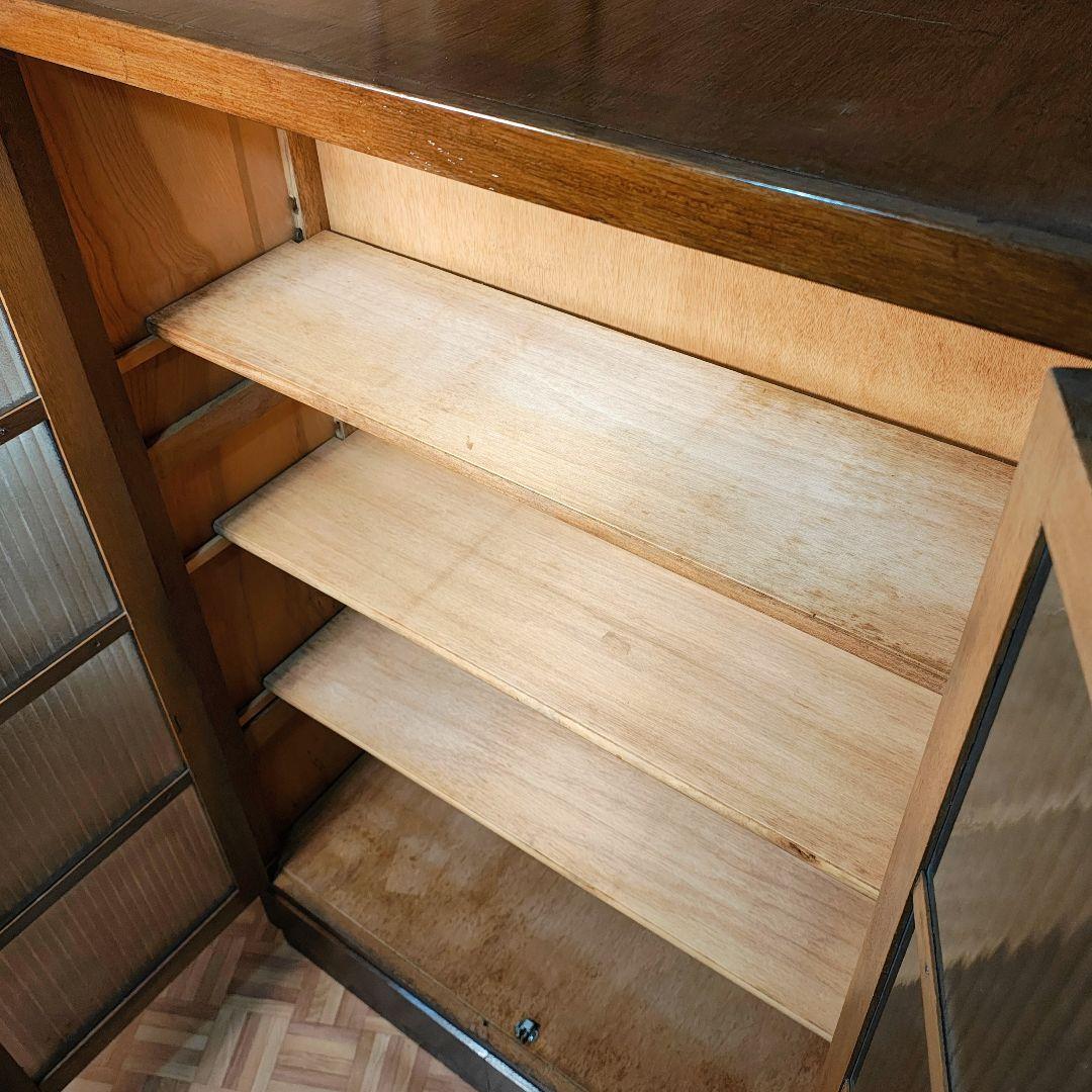 ガラス扉　本棚　食器棚　木製棚　モールガラス　昭和レトロ