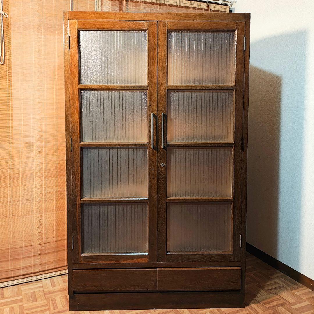 ガラス扉　本棚　食器棚　木製棚　モールガラス　昭和レトロ