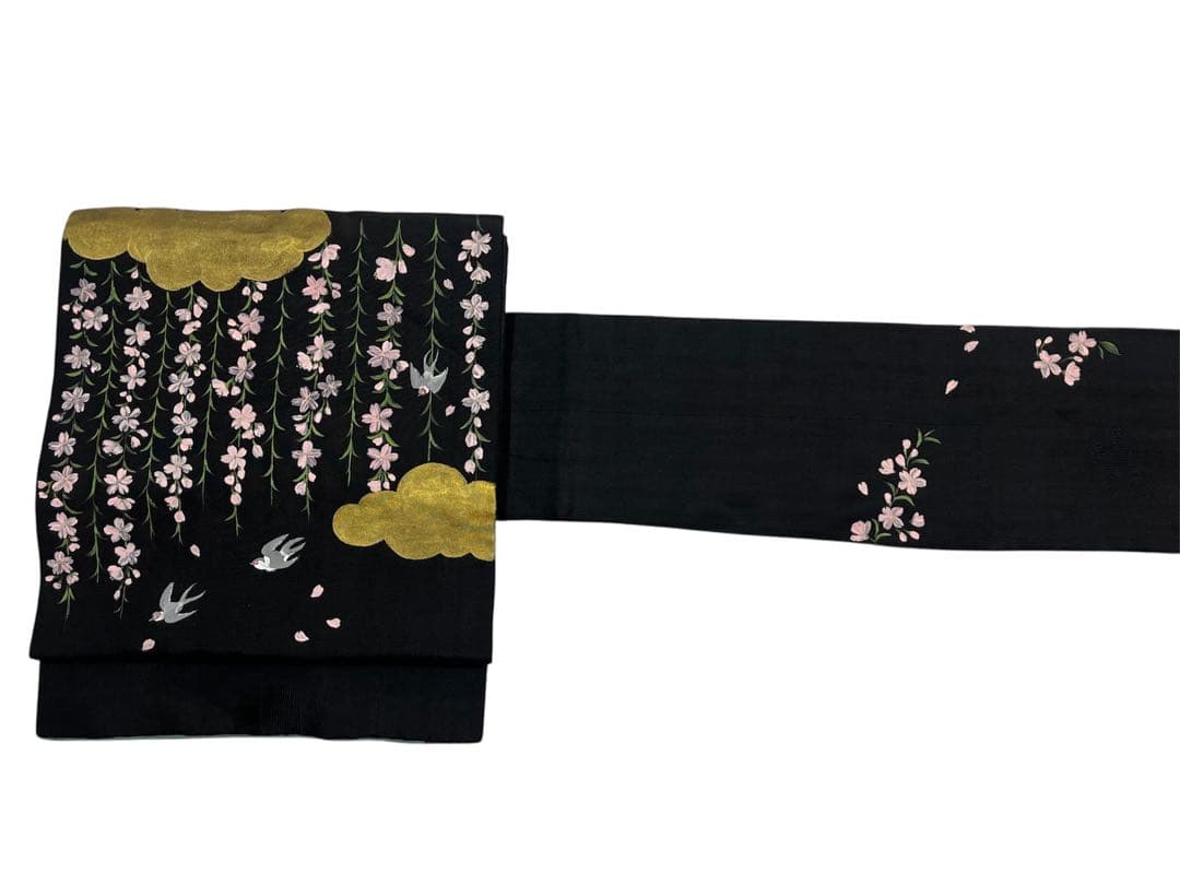 源如繻子アンティーク名古屋帯◇黒地 雲取りに枝垂れ桜とツバメ
