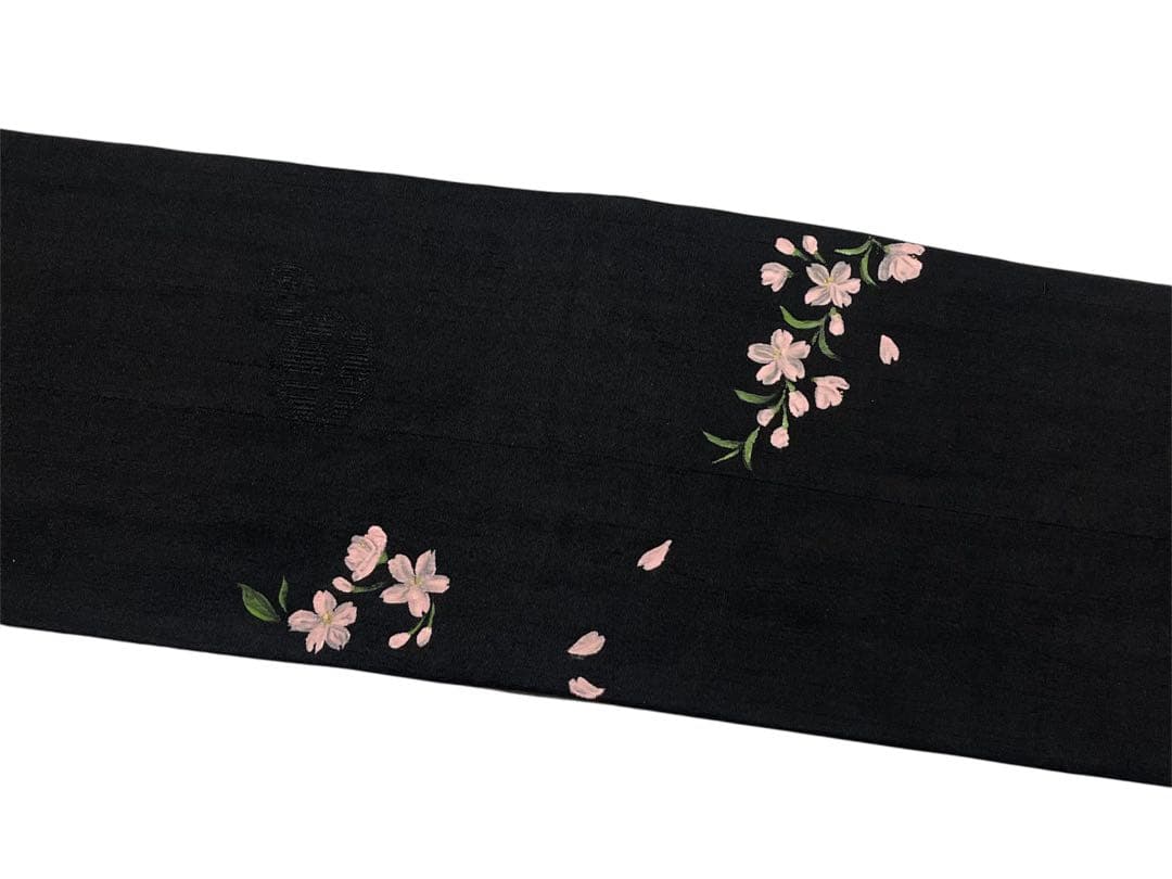 源如繻子アンティーク名古屋帯◇黒地 雲取りに枝垂れ桜とツバメ