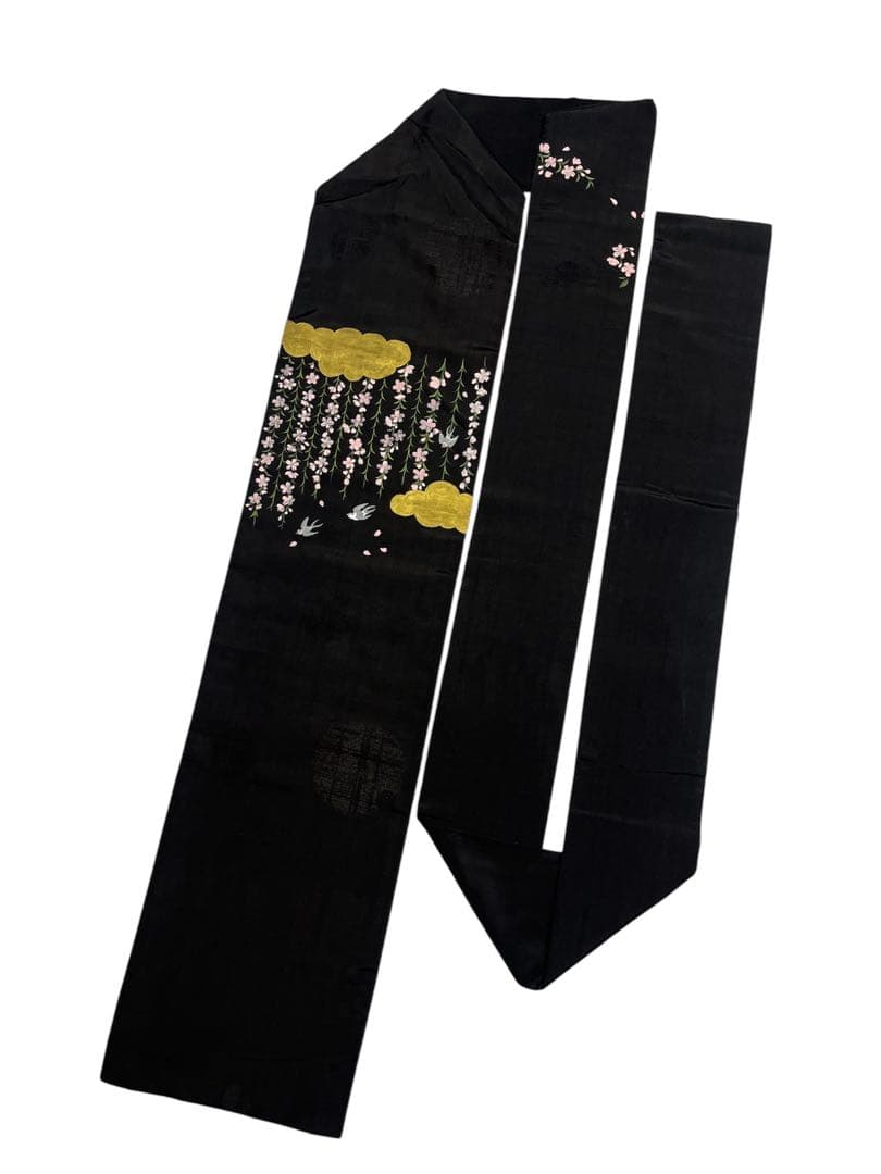 源如繻子アンティーク名古屋帯◇黒地 雲取りに枝垂れ桜とツバメ