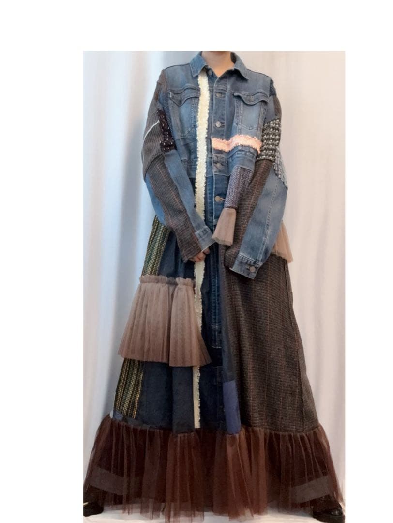 ⑤デニム×ツイード×チュール　パッチワーク ロングコート　大きいサイズ