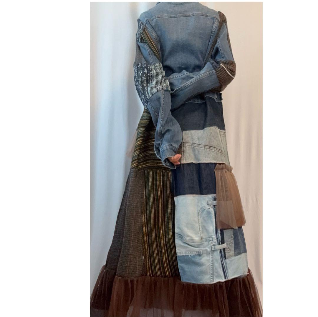⑤デニム×ツイード×チュール　パッチワーク ロングコート　大きいサイズ