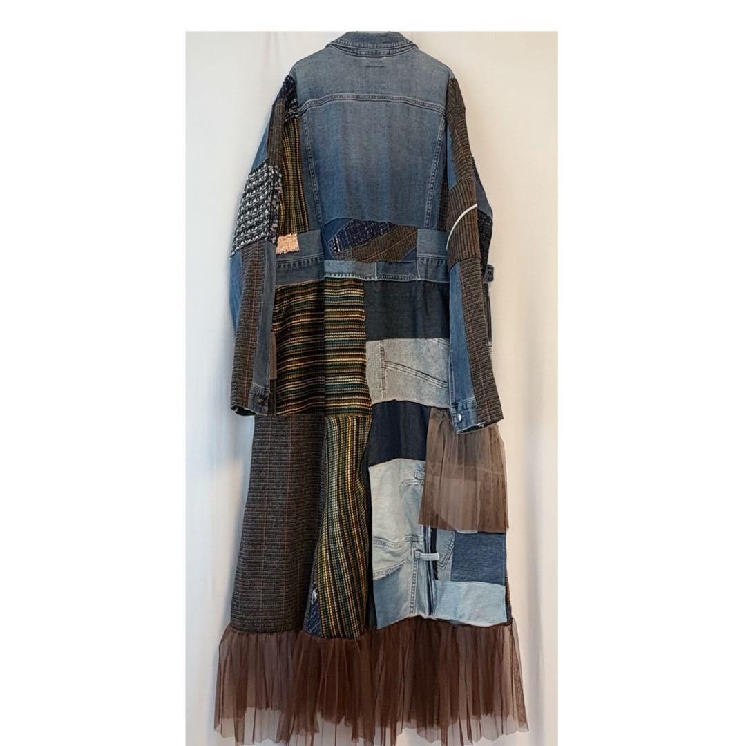 ⑤デニム×ツイード×チュール　パッチワーク ロングコート　大きいサイズ