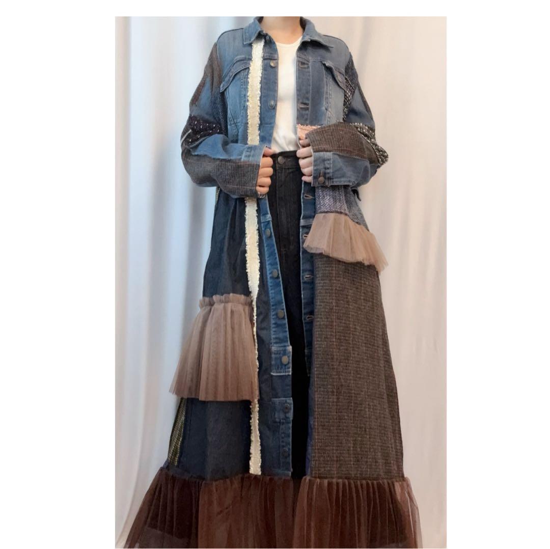 ⑤デニム×ツイード×チュール　パッチワーク ロングコート　大きいサイズ