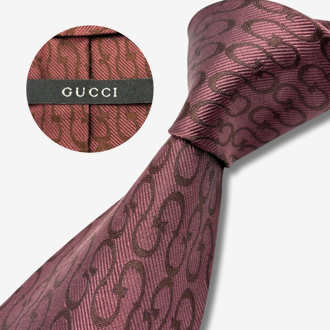 GUCCI シルクネクタイ チェーン柄 ローズブラウン