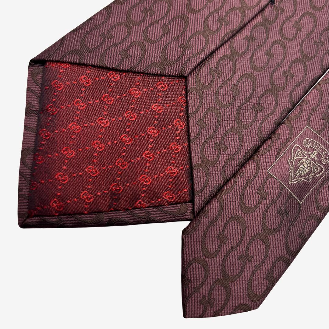 GUCCI シルクネクタイ チェーン柄 ローズブラウン