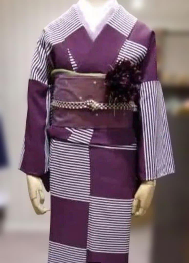 豆千代モダン 紫 ストライプ 小紋 着物