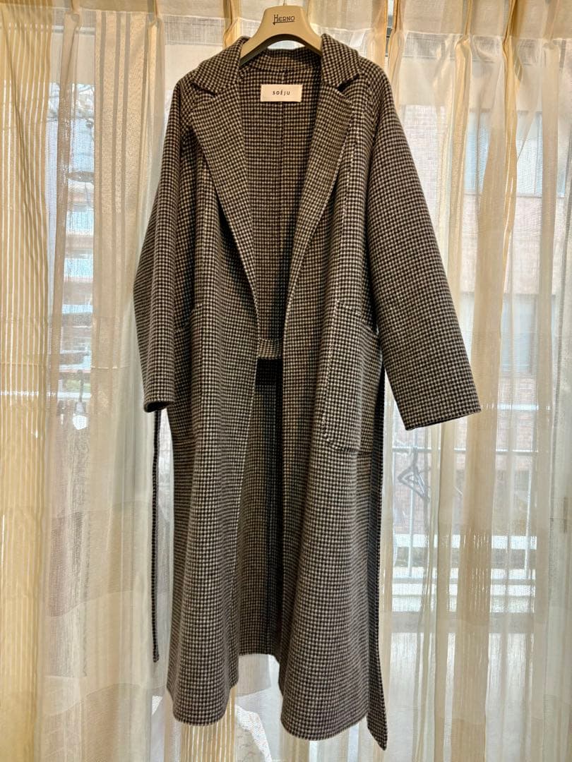 ソージュ soeju ウールリバーローブコート　M 千鳥柄