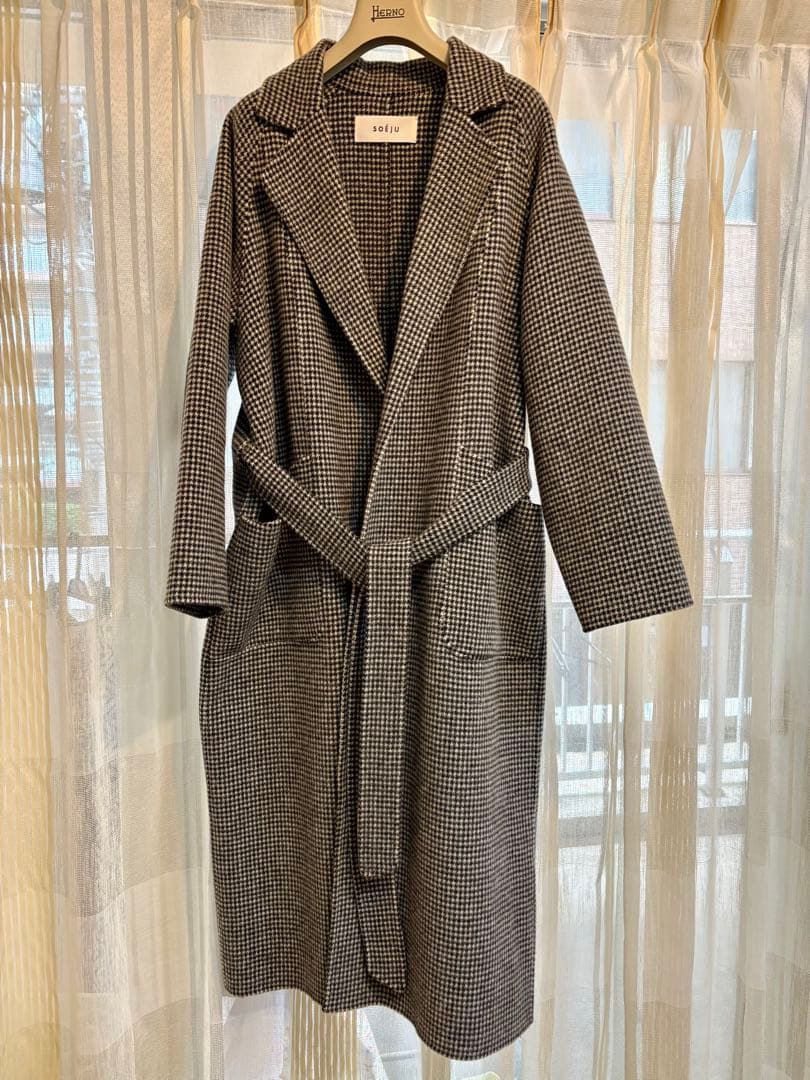 ソージュ soeju ウールリバーローブコート　M 千鳥柄