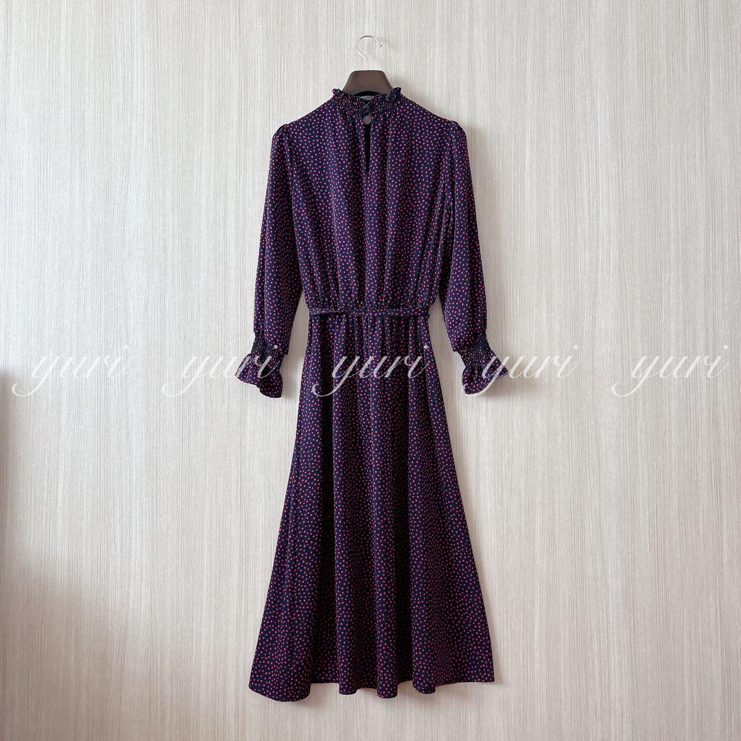 【846】アナイ　サテンドットプリントシャーリング　ワンピース　濃紺　赤　36