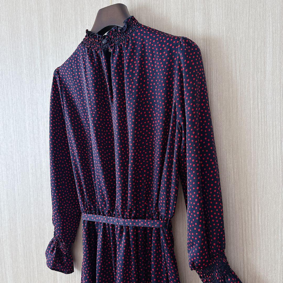 【846】アナイ　サテンドットプリントシャーリング　ワンピース　濃紺　赤　36