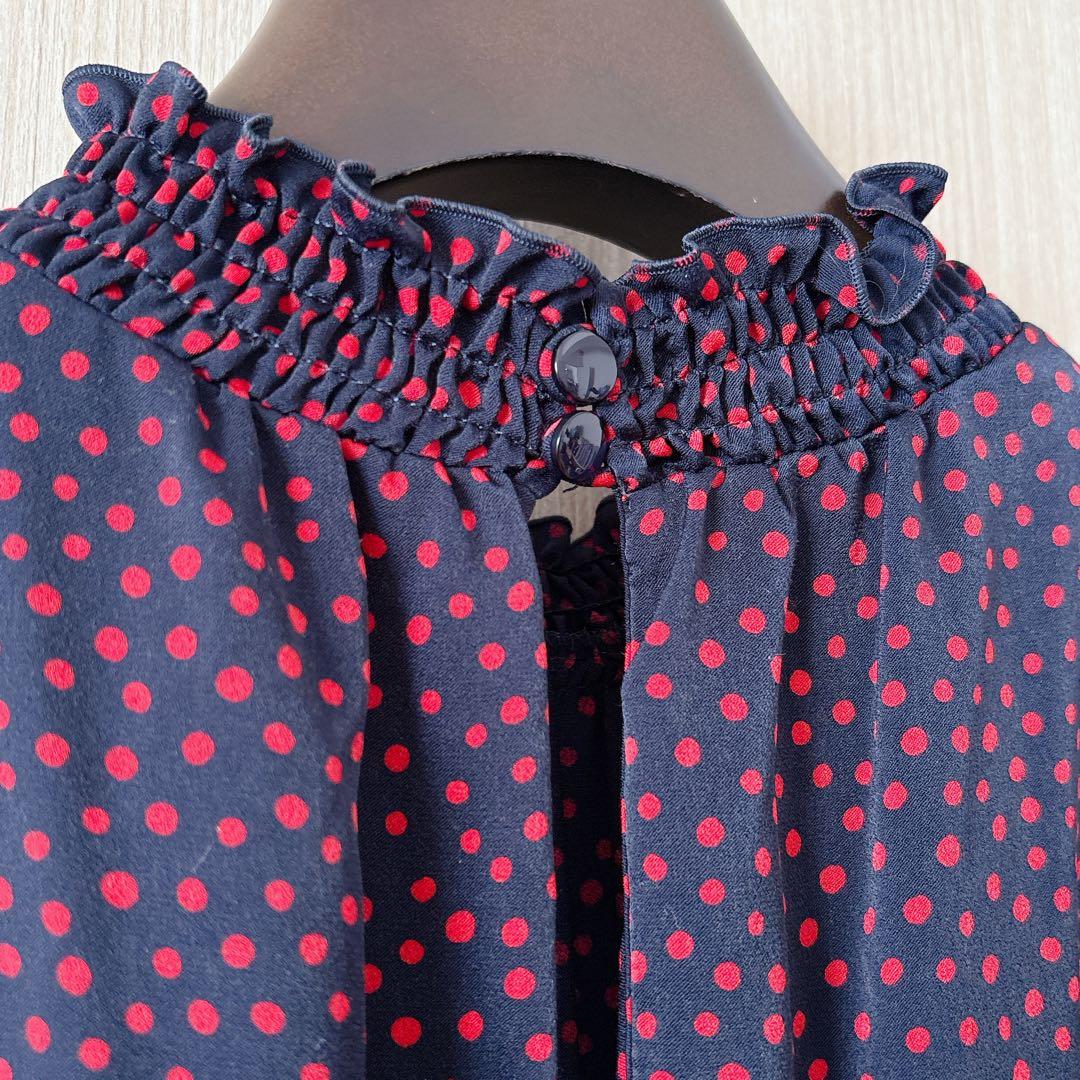 【846】アナイ　サテンドットプリントシャーリング　ワンピース　濃紺　赤　36