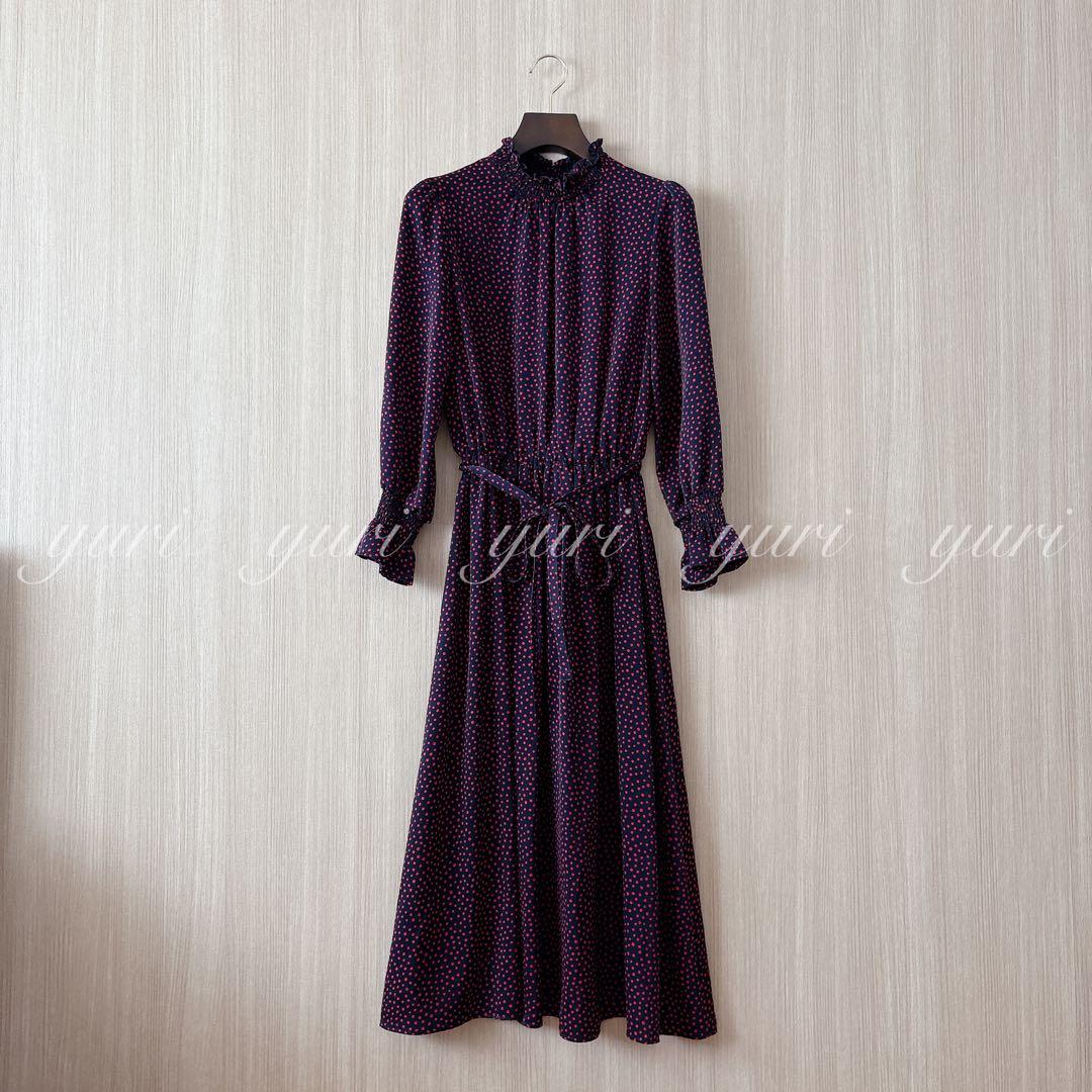 【846】アナイ　サテンドットプリントシャーリング　ワンピース　濃紺　赤　36