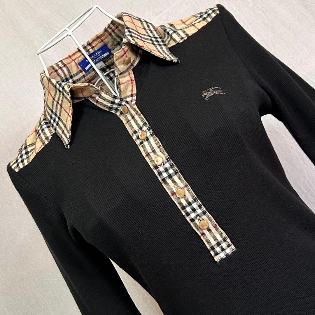 美品 バーバリー ブルーレーベル 長袖 ポロシャツ ニット ノバチェック 黒