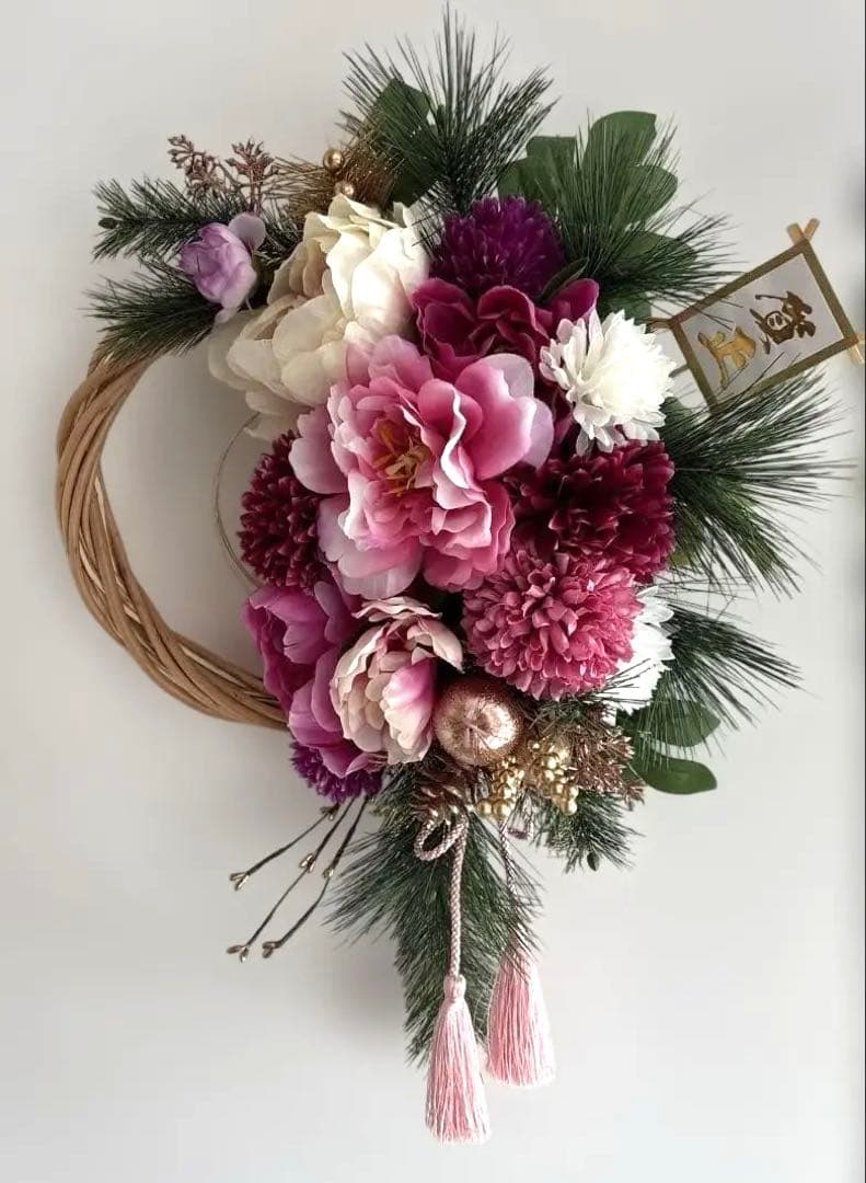 ＊M　フラワーリース＊玄関リース　大きめ　お正月リース　ピンク