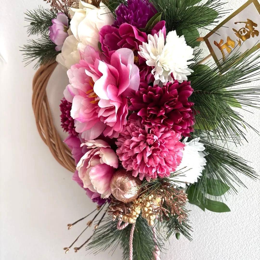 ＊M　フラワーリース＊玄関リース　大きめ　お正月リース　ピンク
