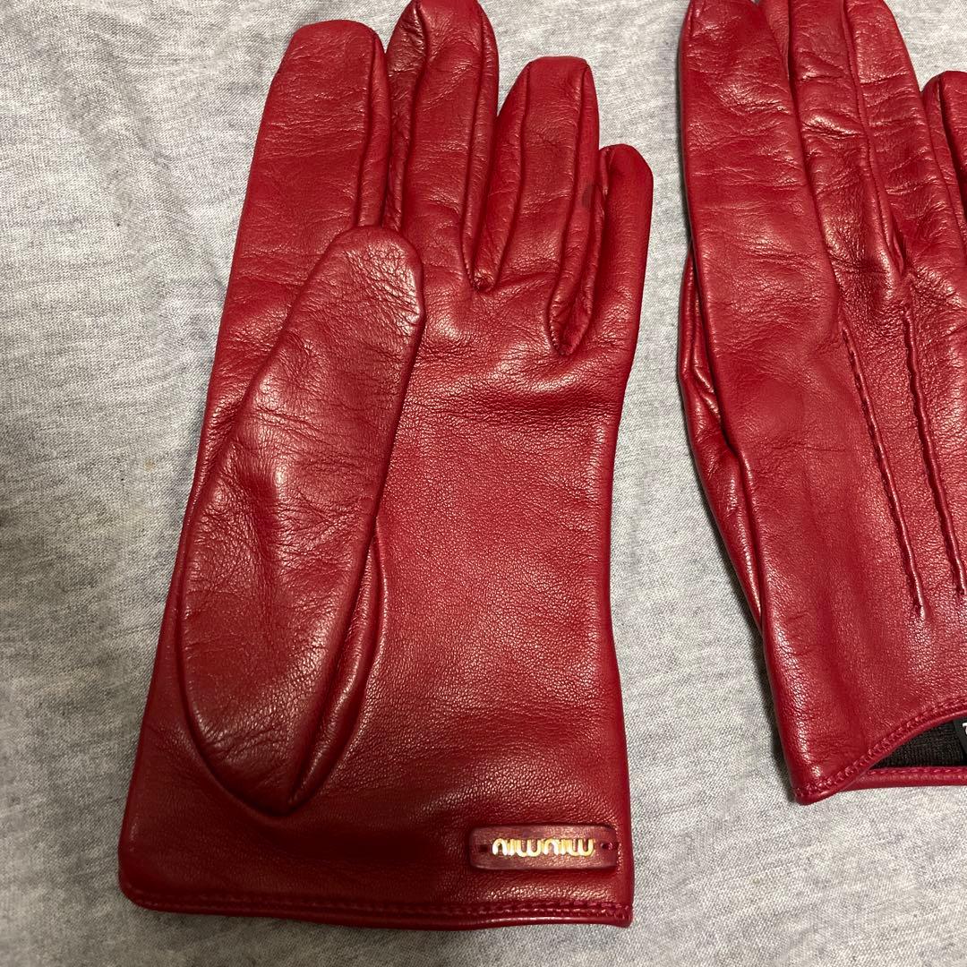 miu miu レザー手袋 レッド 7.5 グローブ　赤　RED