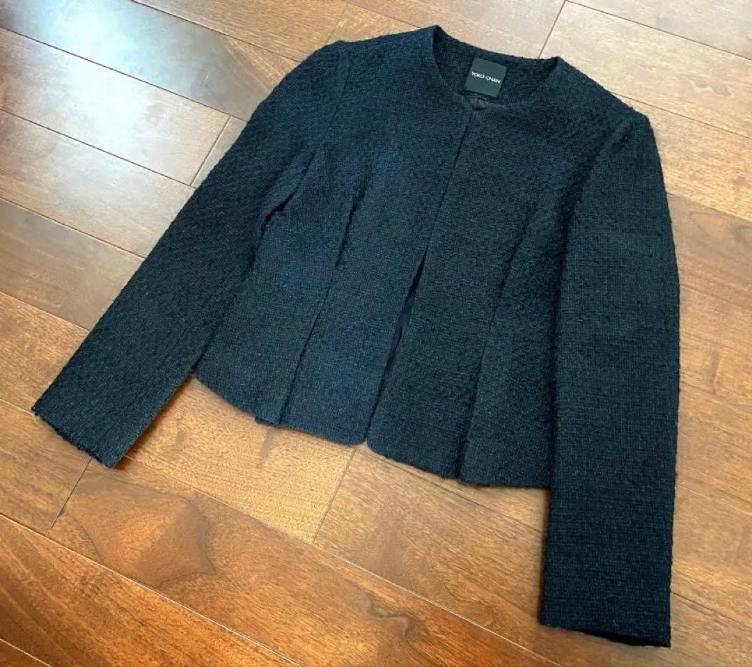 美品　ヨーコチャン　ブラックツイードノーカラージャケット　36