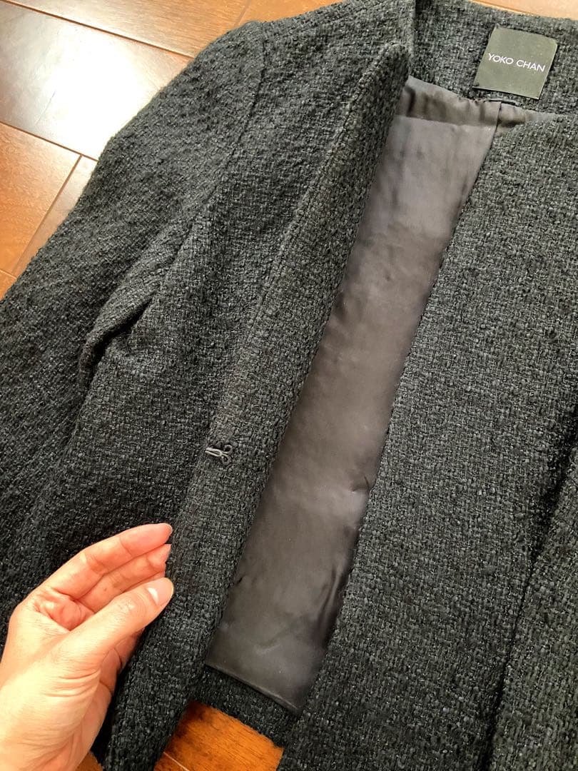 美品　ヨーコチャン　ブラックツイードノーカラージャケット　36