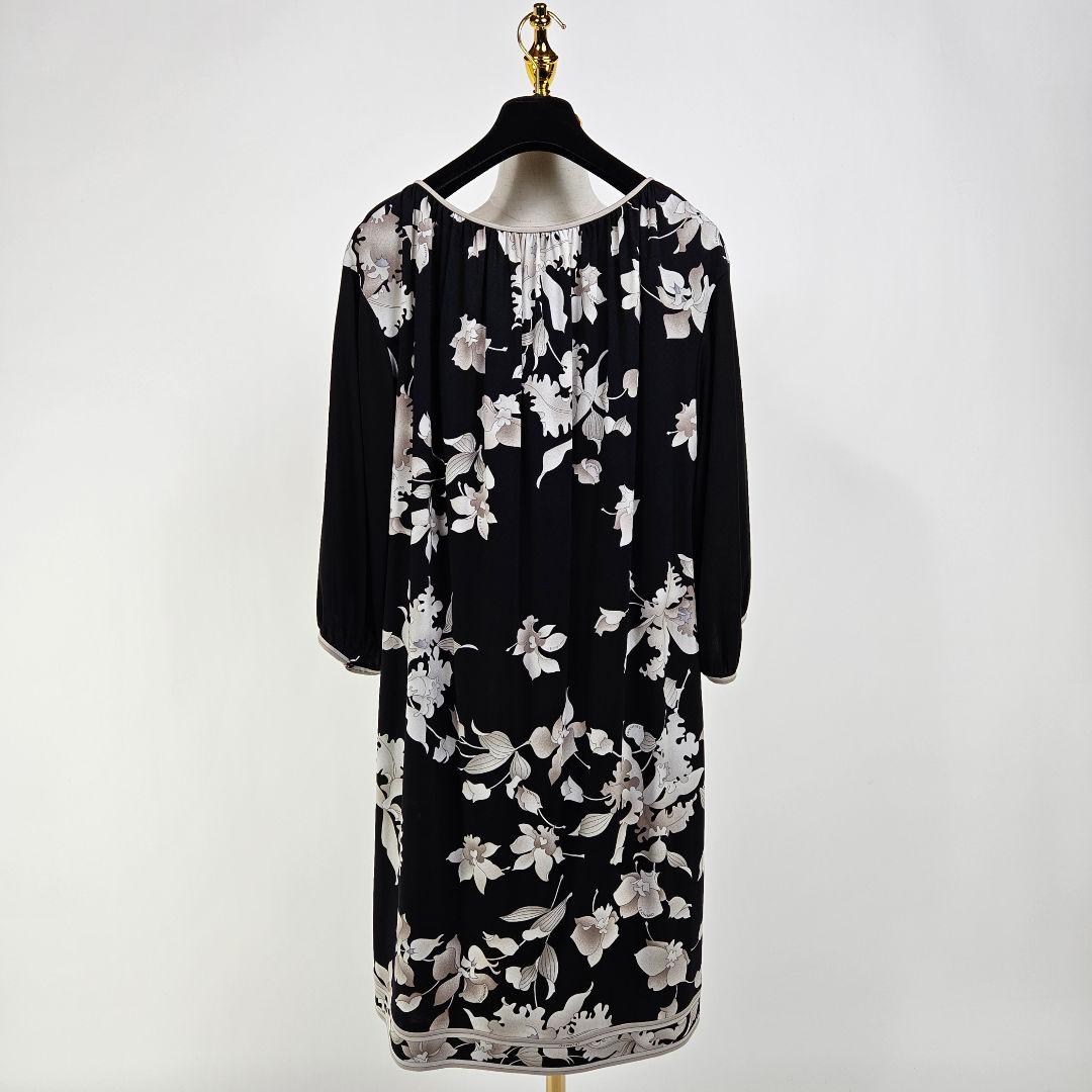 【極美品】レオナール 花柄 ワンピース フラワープリント 黒 7分袖 カンカン