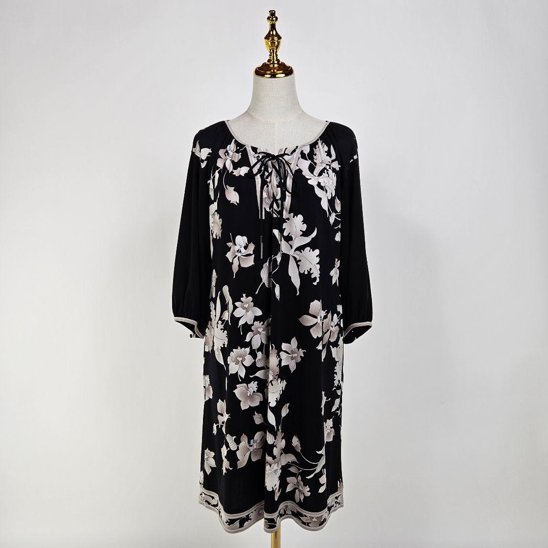 【極美品】レオナール 花柄 ワンピース フラワープリント 黒 7分袖 カンカン