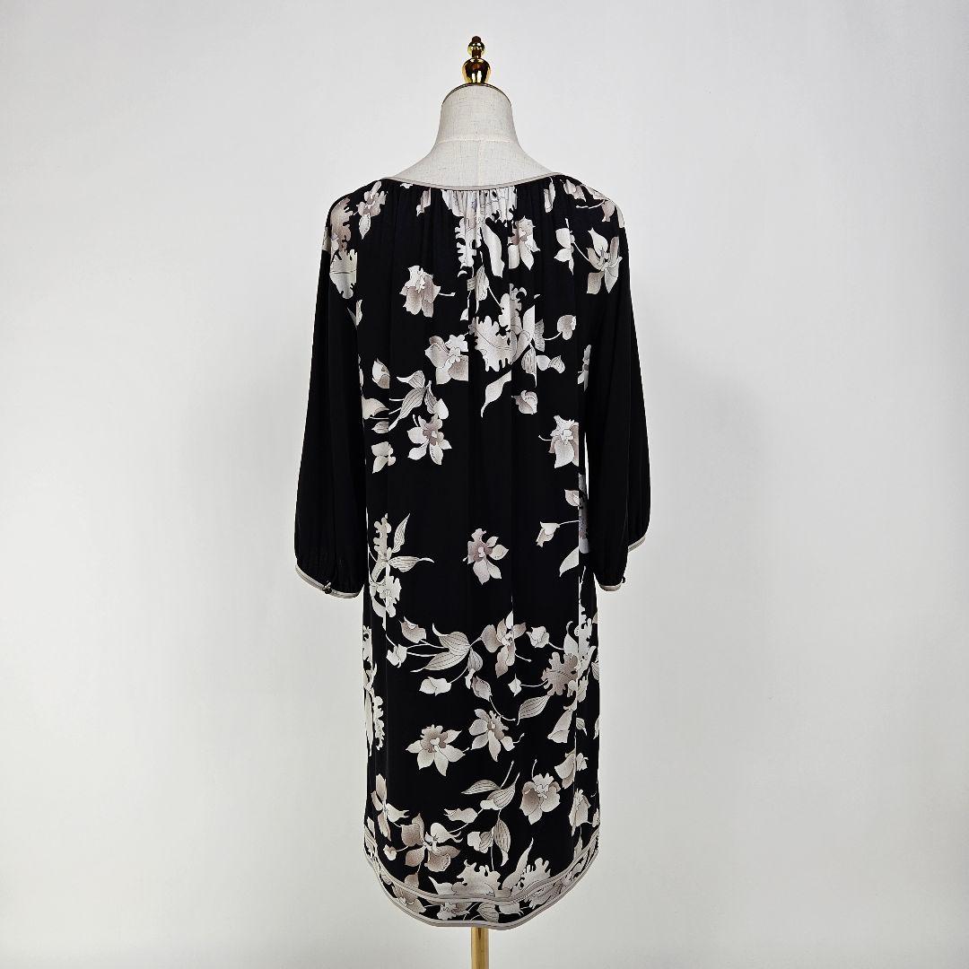 【極美品】レオナール 花柄 ワンピース フラワープリント 黒 7分袖 カンカン