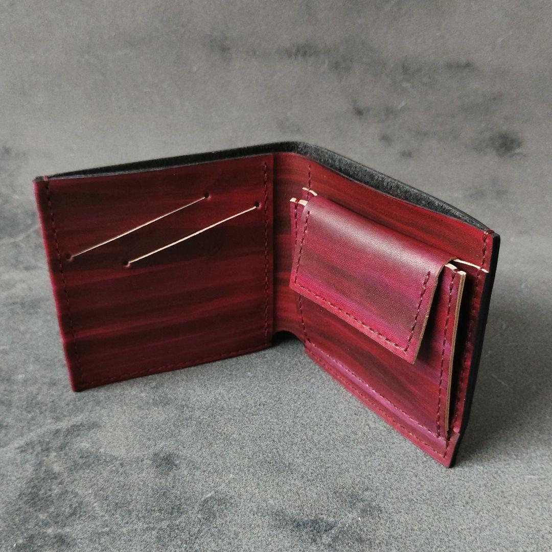 【一点物】薄い二つ折り財布　ハンドメイド イタリアンレザー 手縫い 手染め