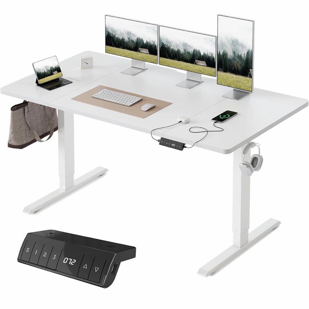 電動 昇降デスク USB-A/Type-C付き 140cm×70cm ホワイト
