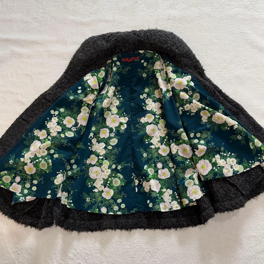ふりふ　ポンチョ　ケープ　ウール系　ダークグレー　裏地花柄　フラワー　和装　着物