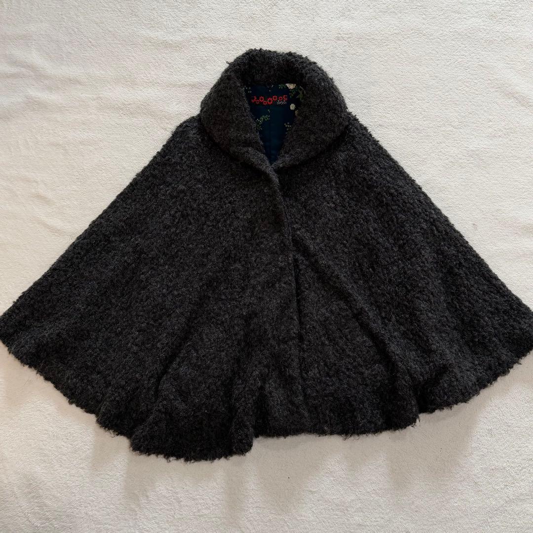 ふりふ　ポンチョ　ケープ　ウール系　ダークグレー　裏地花柄　フラワー　和装　着物