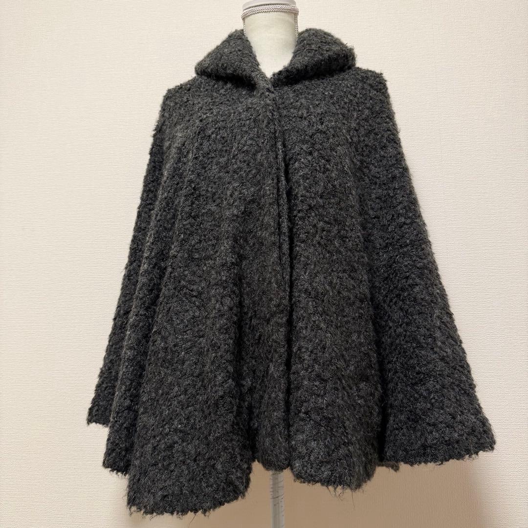 ふりふ　ポンチョ　ケープ　ウール系　ダークグレー　裏地花柄　フラワー　和装　着物