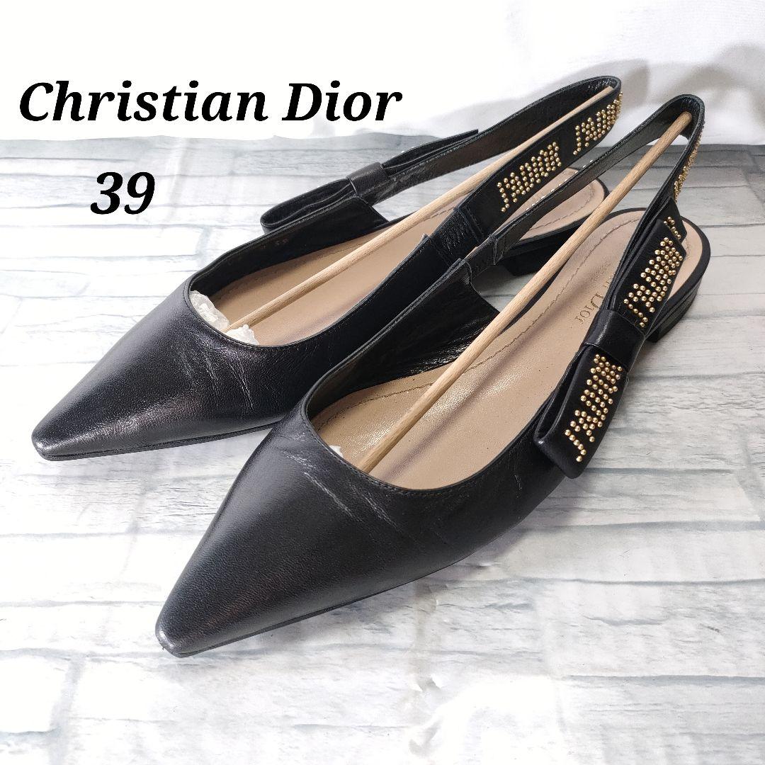 箱保存袋付き美品✨Dior　スリングバックフラットパンプス　レザー　黒×ゴールド
