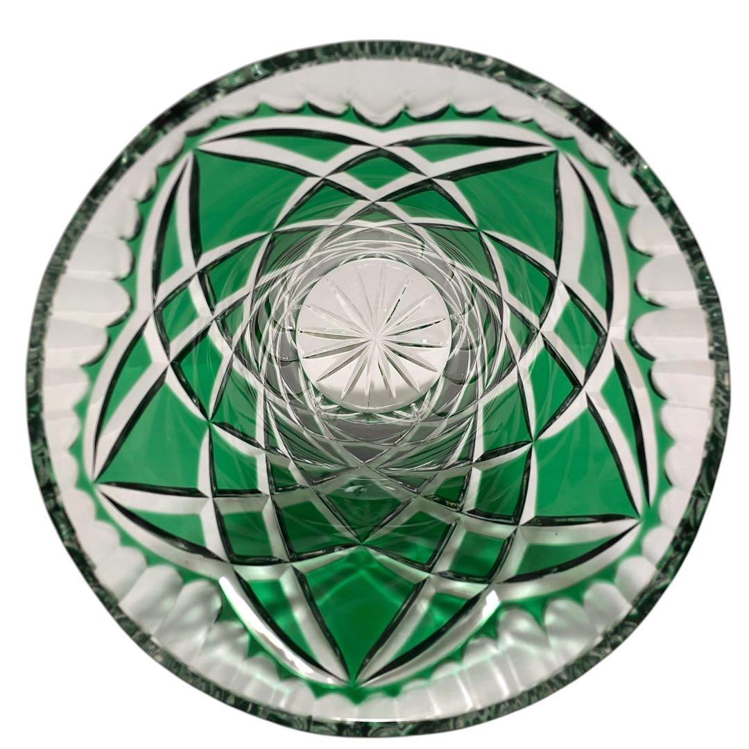 【希少】クリスタル フラワーベース 花瓶 切子 緑 グリーン 置物 ガラス