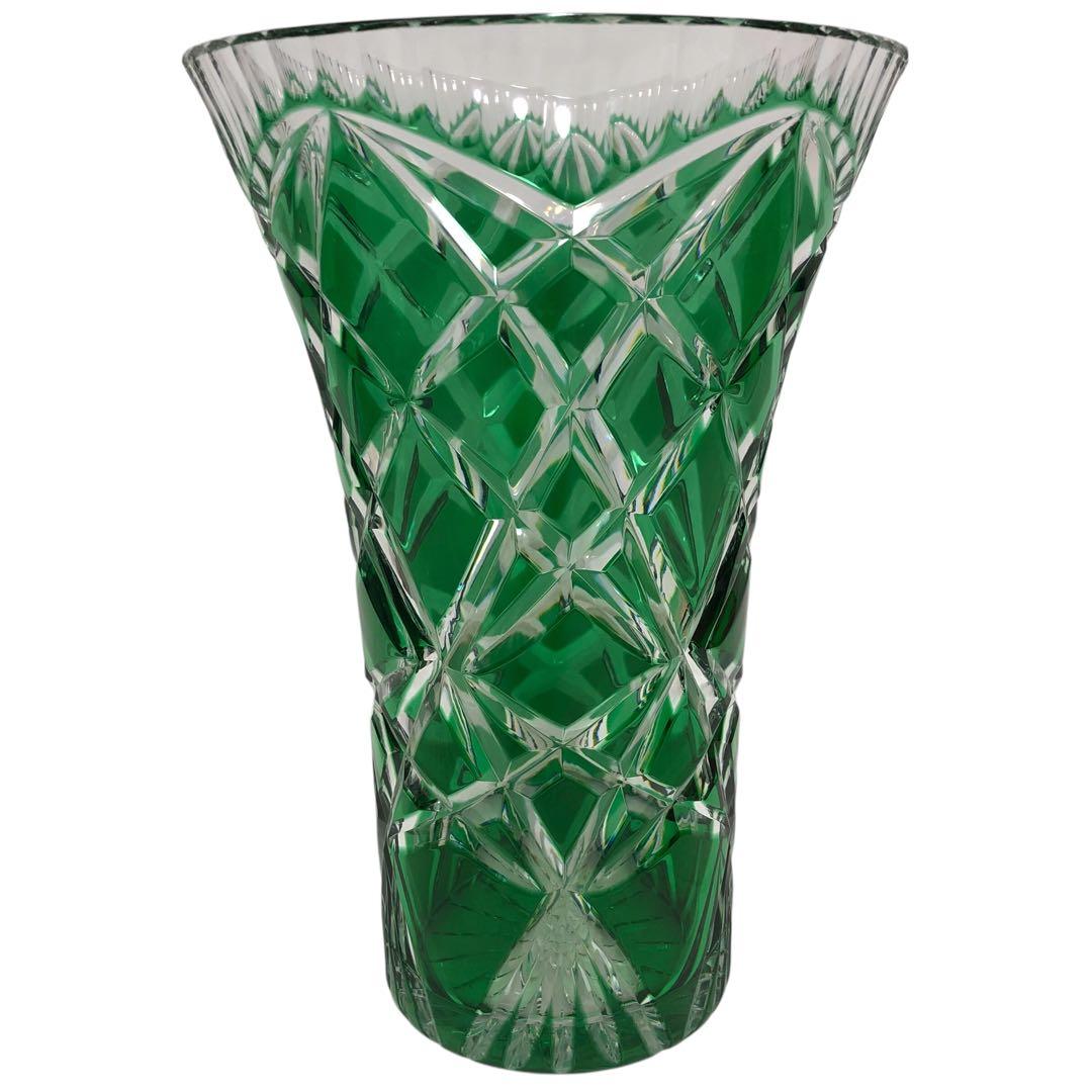 【希少】クリスタル フラワーベース 花瓶 切子 緑 グリーン 置物 ガラス