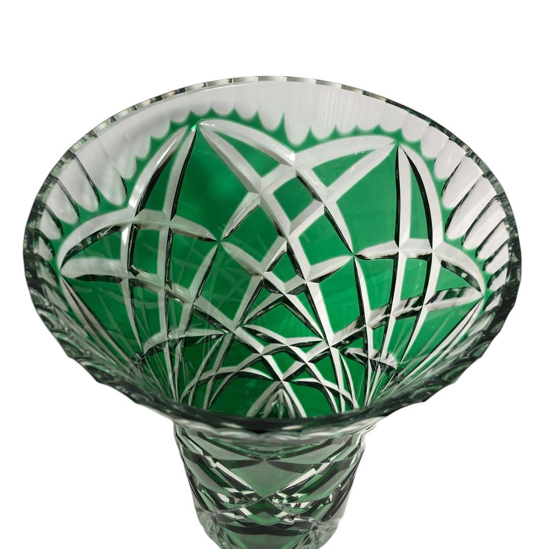 【希少】クリスタル フラワーベース 花瓶 切子 緑 グリーン 置物 ガラス
