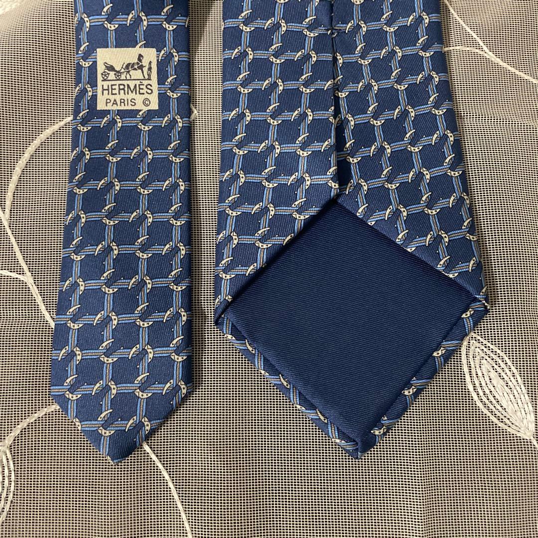 新品未使用 HERMES ネクタイ ネイビーブルー シルク100% チェーン
